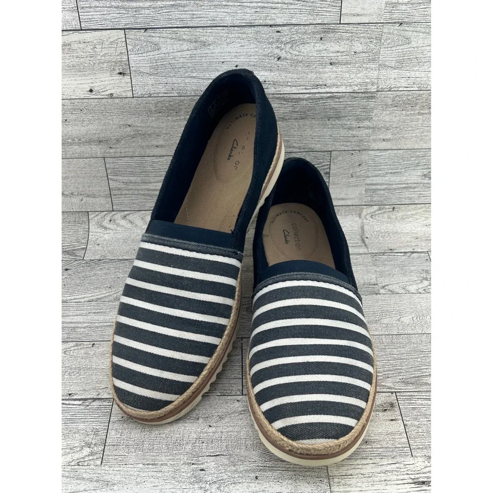 Clarks Striped Espadrille Flats Womens‎ Shoes Navy White Size 8.5